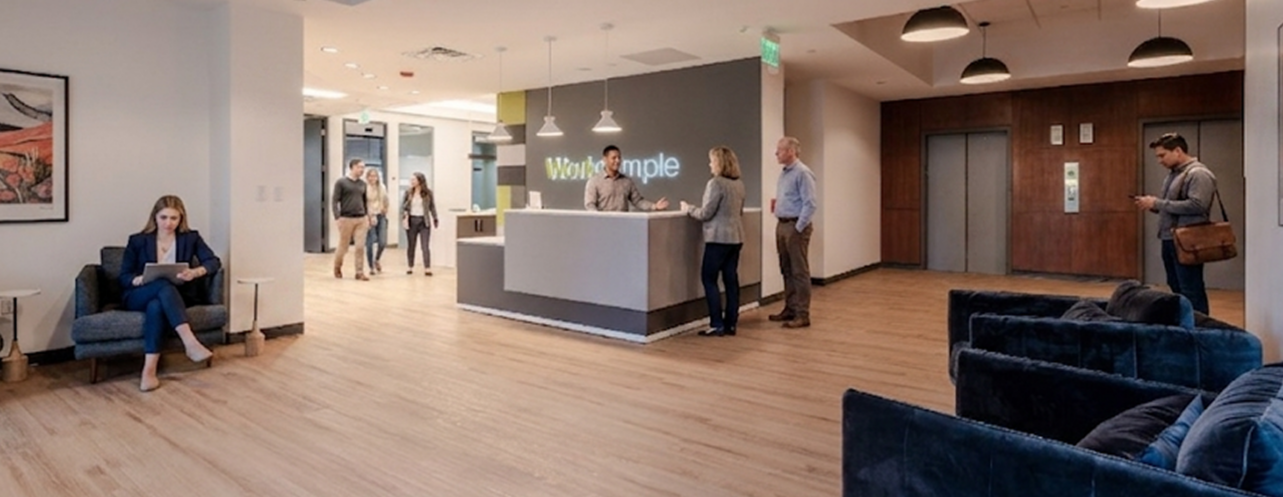 A Work Simple lobby with freelancers and office occupants talking, walking, and sitting